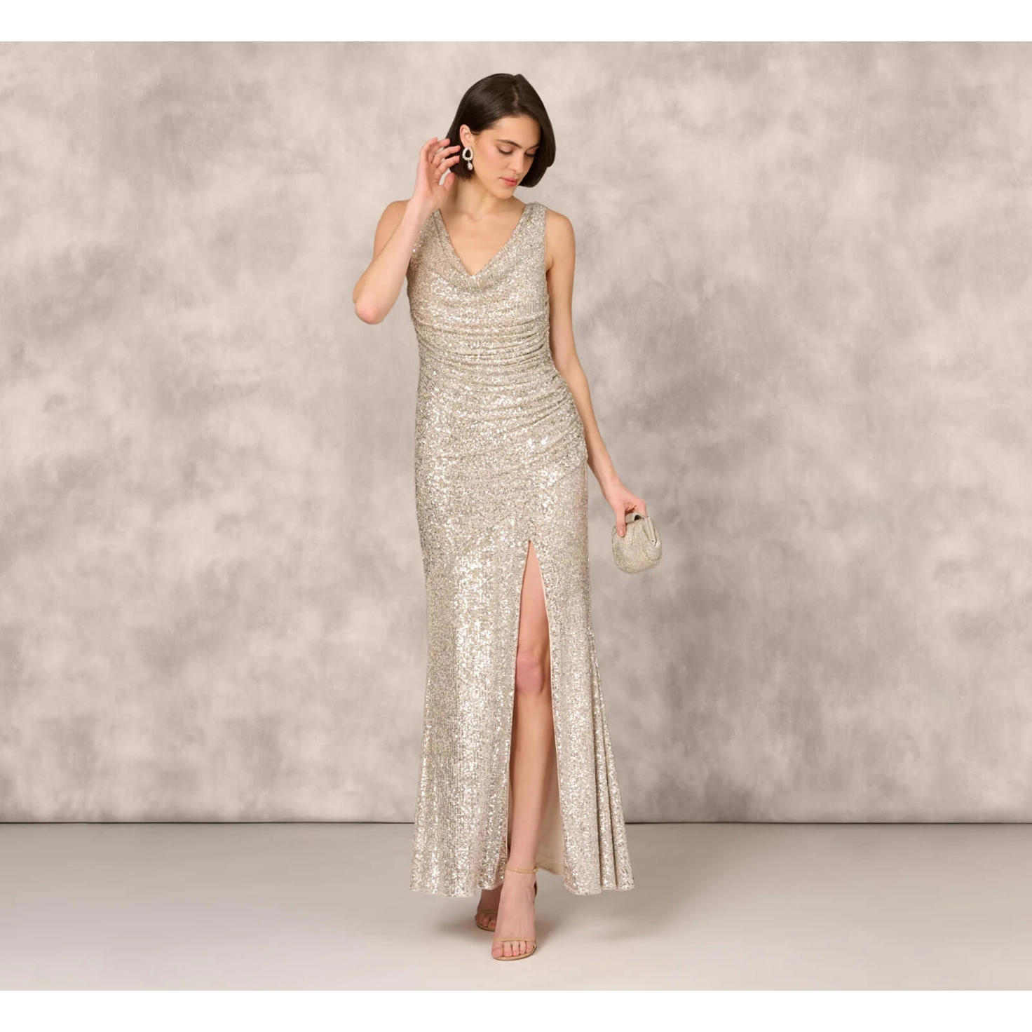 $395 Aidan Mattox Stretch Sequin Sleeveless Cowl Neck Gown | Champagne Silver 8